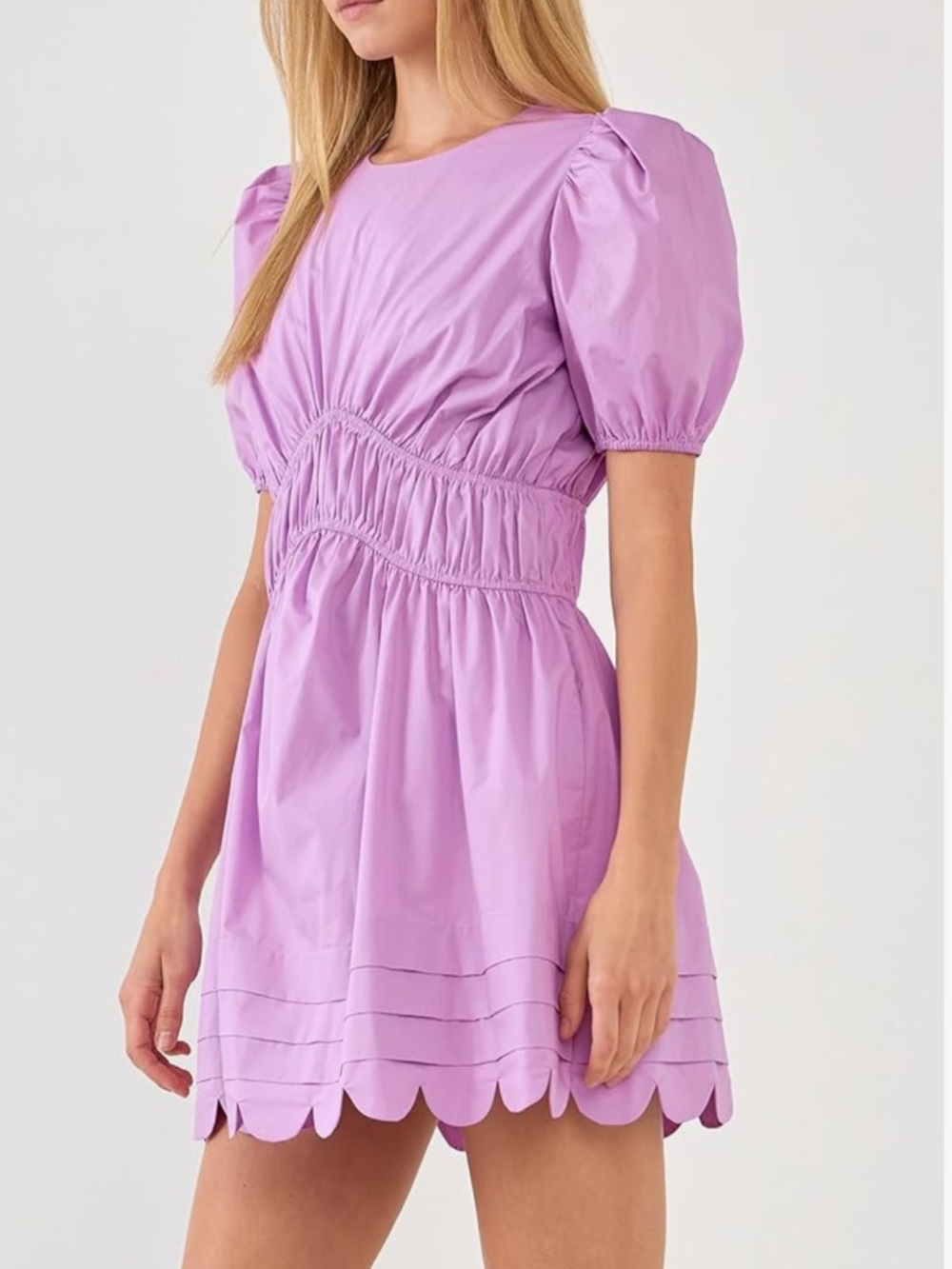 English Factory Lilac Scallop-Hem Puff Sleeve Mini Dress - Picture 6 of 16